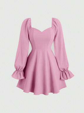 ZARA Spring Summer Square Neck Puff Sleeve Pink Sweet Dress Slimming Short Dress